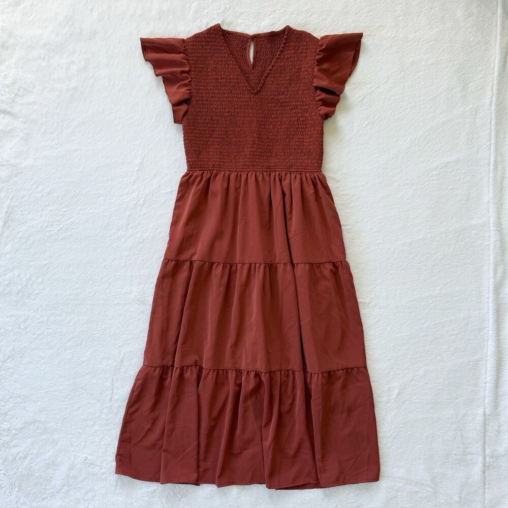Flutter Sleeve Tiered Midi V-Neck Rust Color Dress Size Large